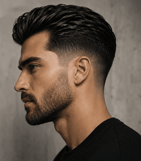 Donkere pompadour met fade en baard, zijaanzicht